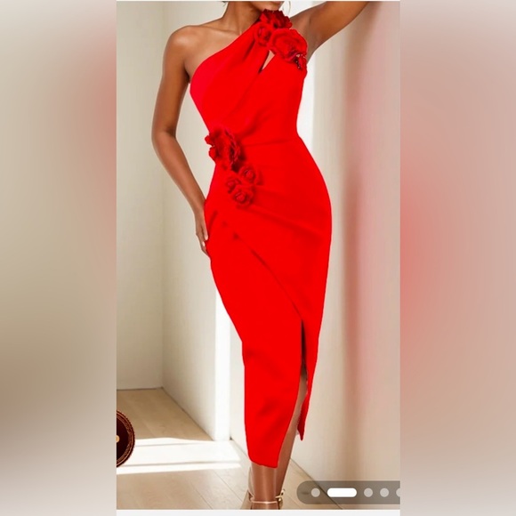 Fehaute Red Asymmetrical One Shoulder Cocktail Dress - Picture 1 of 3